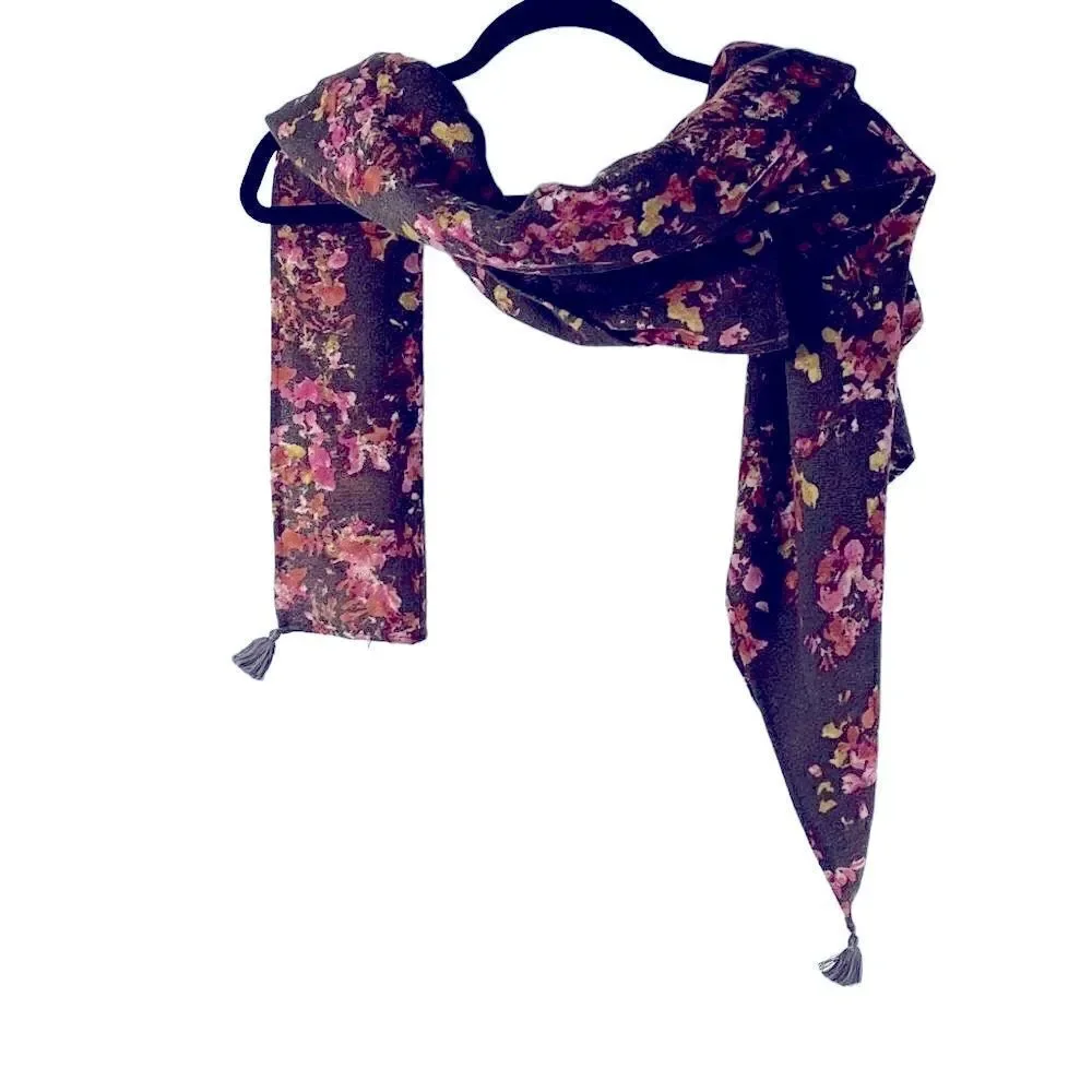 Brown with pink & green almost square scarf w 2 tassels on opposite corners